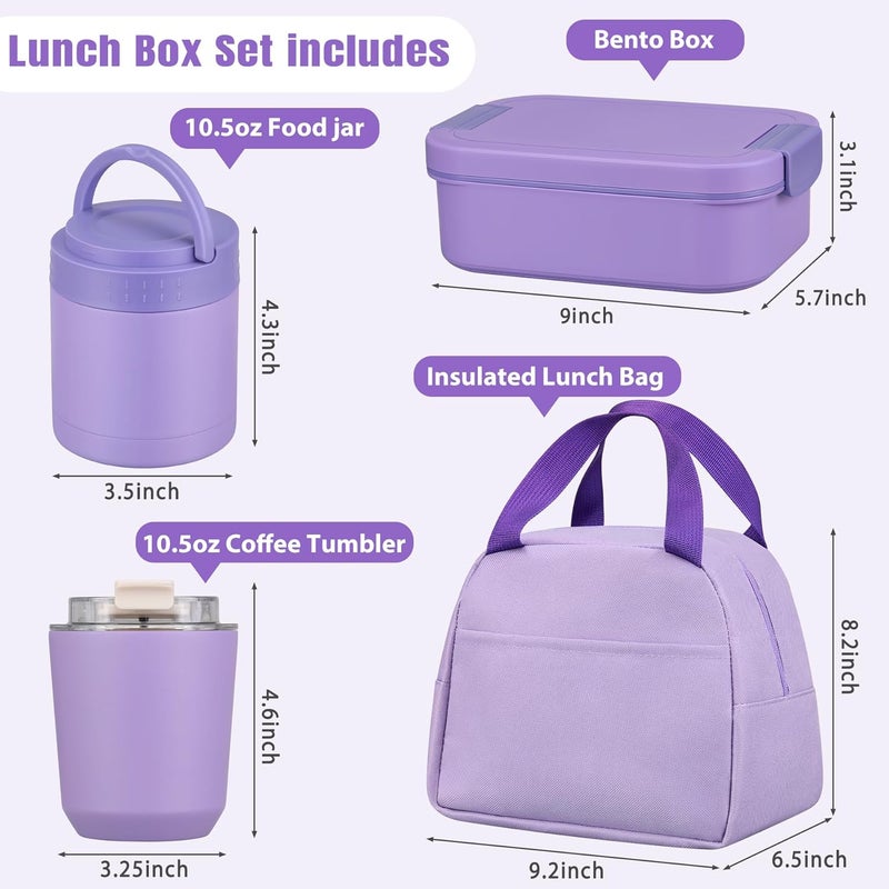 HWONMTE Large Bento Lunch Box Set for Adults Kids Women with 10.5oz Soup Thermo,Coffee Tumblers Men Girls Boys Teenagers Leak-Proof Lunch Food Containers with Lunch Bag - Image 3